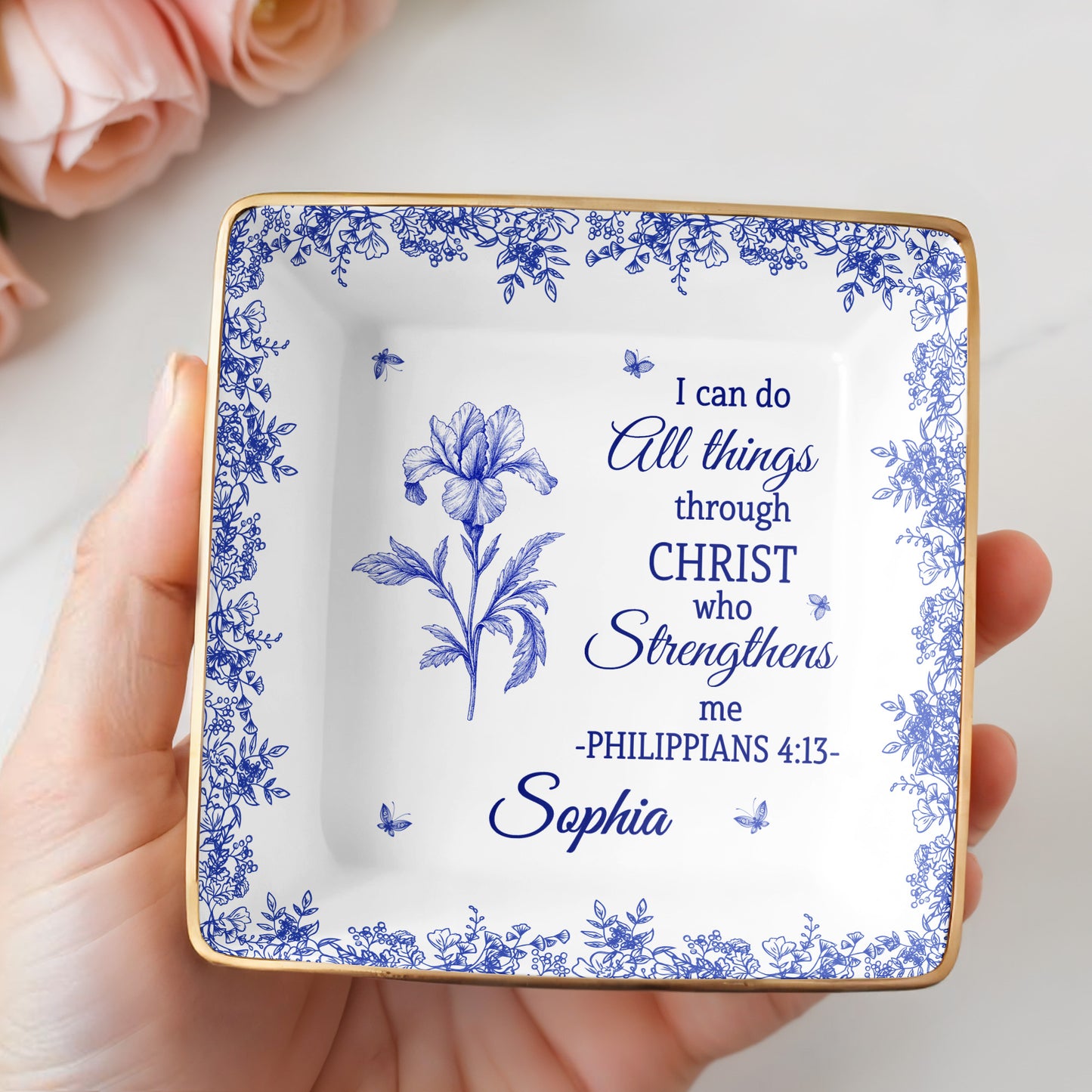 I Can Do All Things Through Christ, Floral Design - Personalized Custom Jewelry Dish, Ceramic Dish, Square Shape - FTH112_SCRF