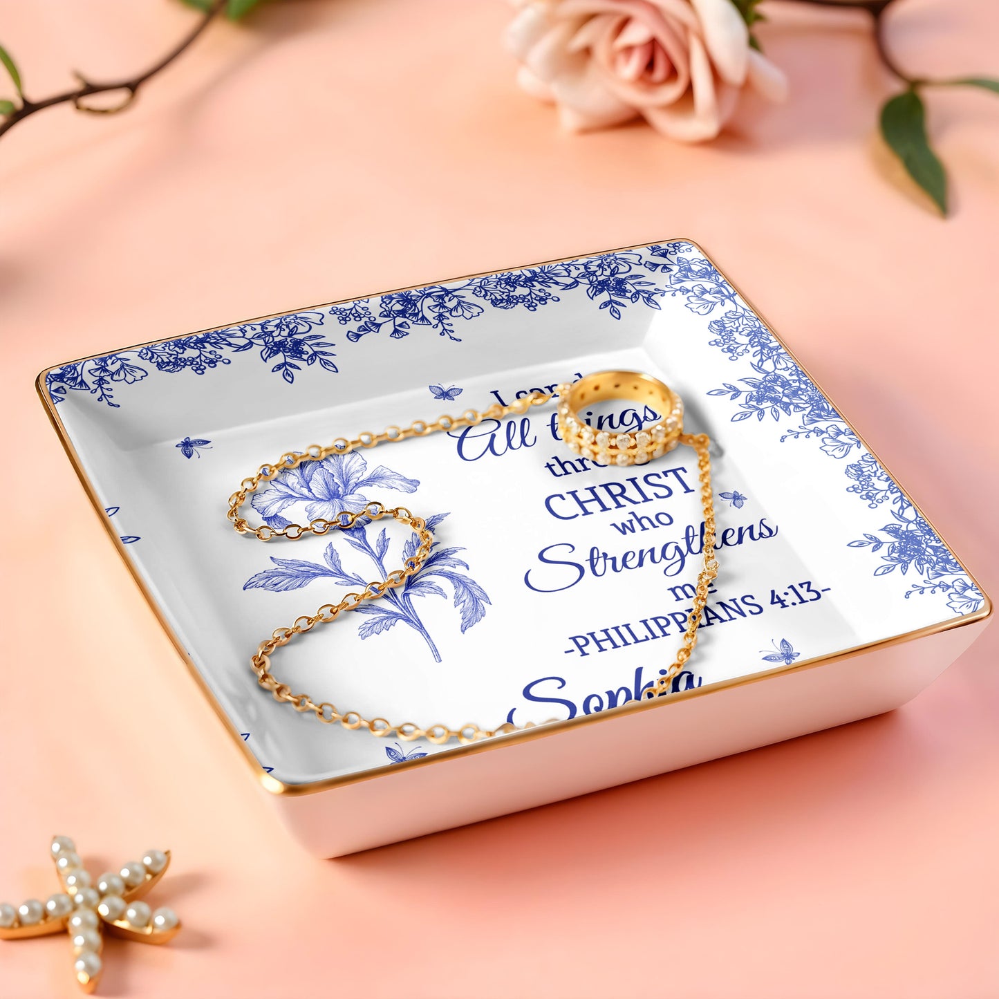 I Can Do All Things Through Christ, Floral Design - Personalized Custom Jewelry Dish, Ceramic Dish, Square Shape - FTH112_SCRF
