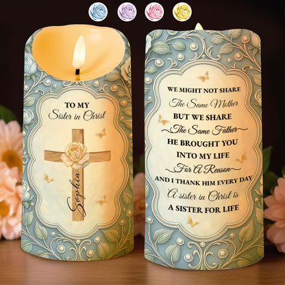 To My Sister in Christ, Cross and Roses LED Candle