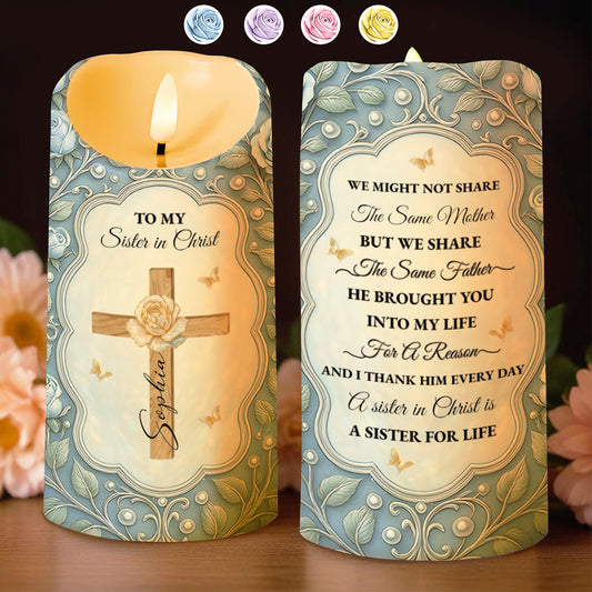 To My Sister in Christ, Cross and Roses LED Candle