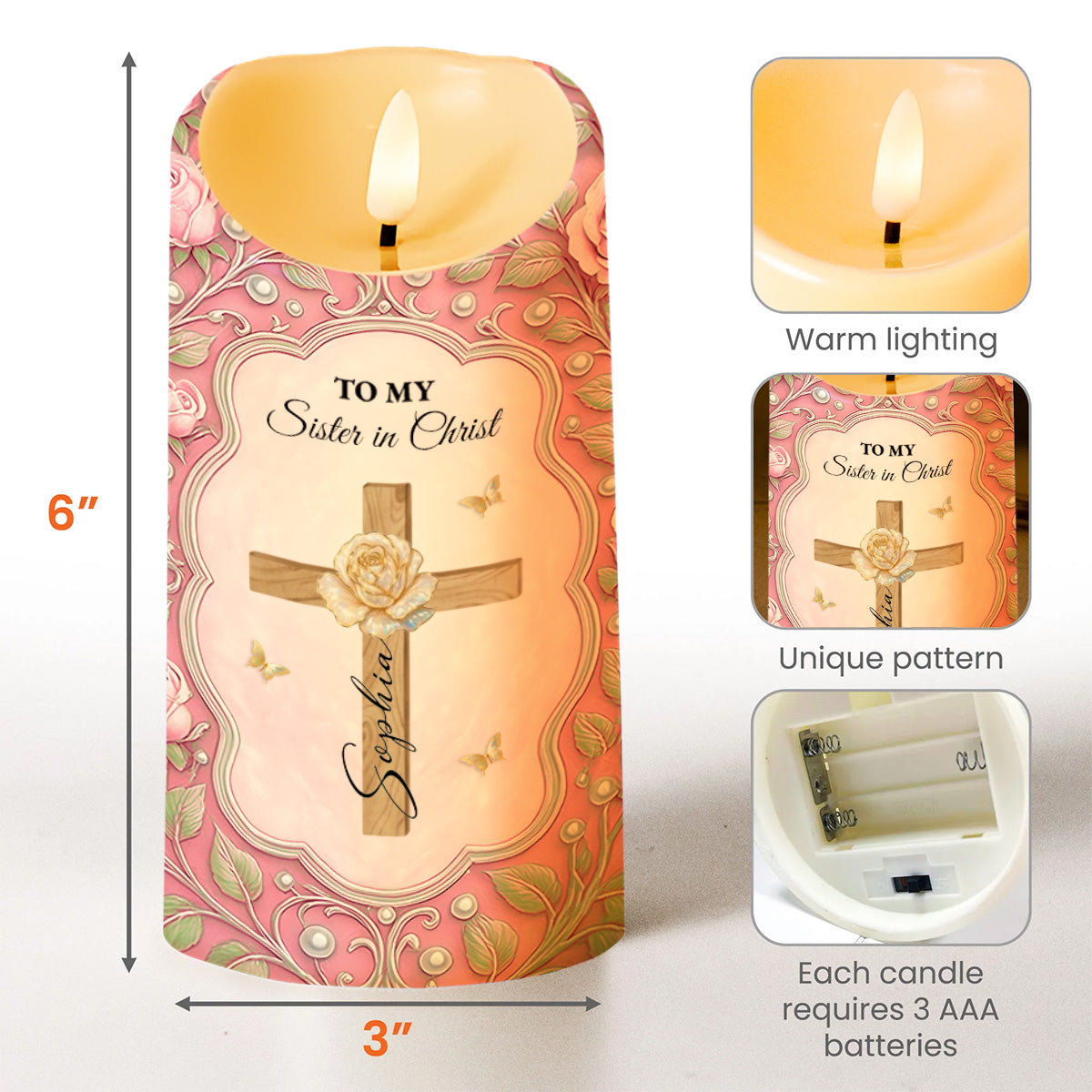 To My Sister in Christ, Cross and Roses LED Candle