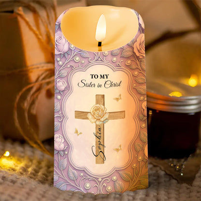 To My Sister in Christ, Cross and Roses LED Candle