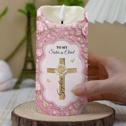 To My Sister in Christ, Cross and Roses LED Candle