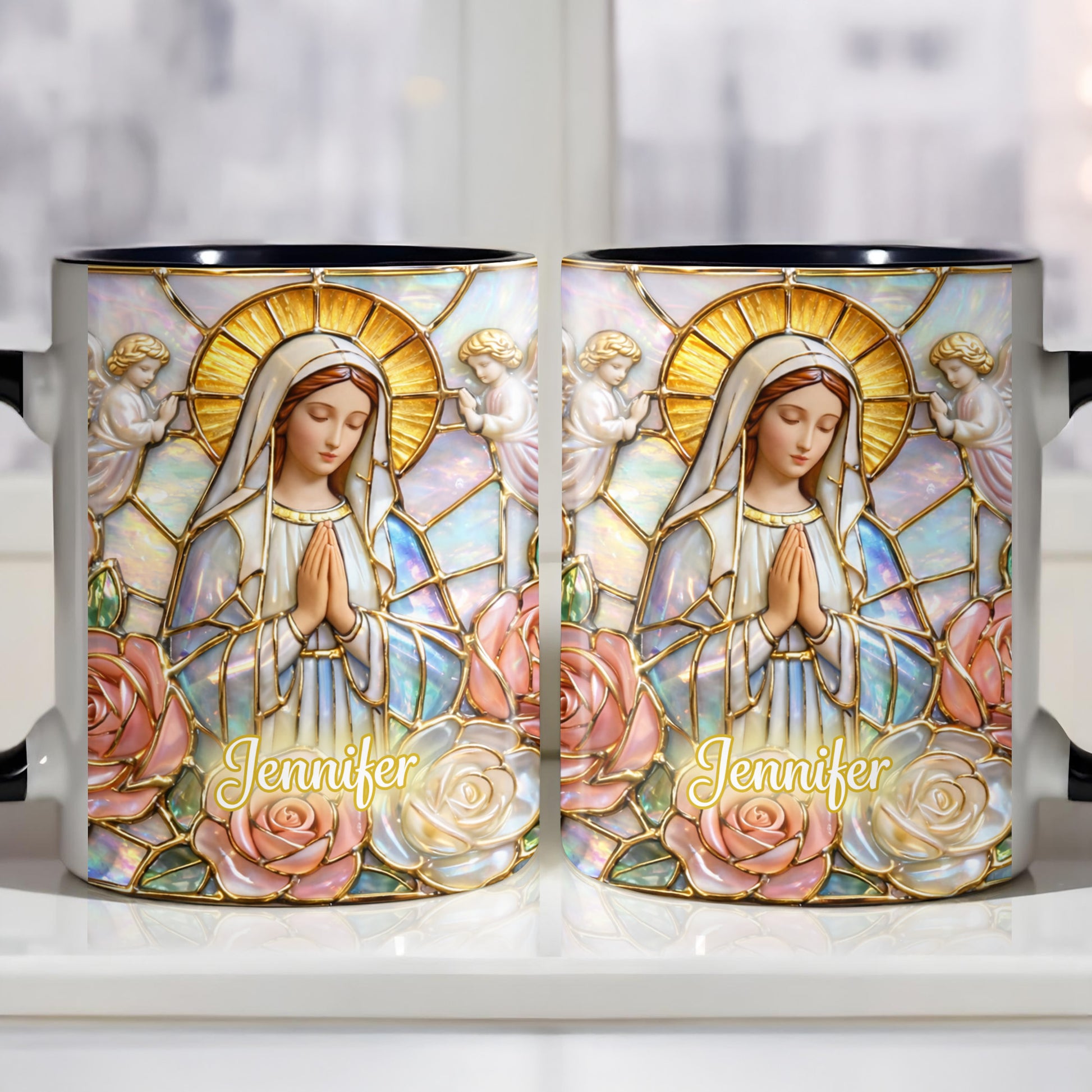 Personalized Religious Madonna Stained Glass and Roses Mug