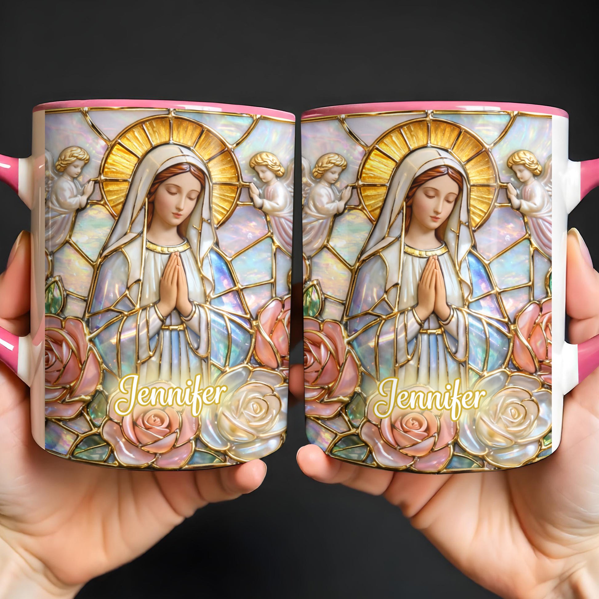 Personalized Religious Madonna Stained Glass and Roses Mug