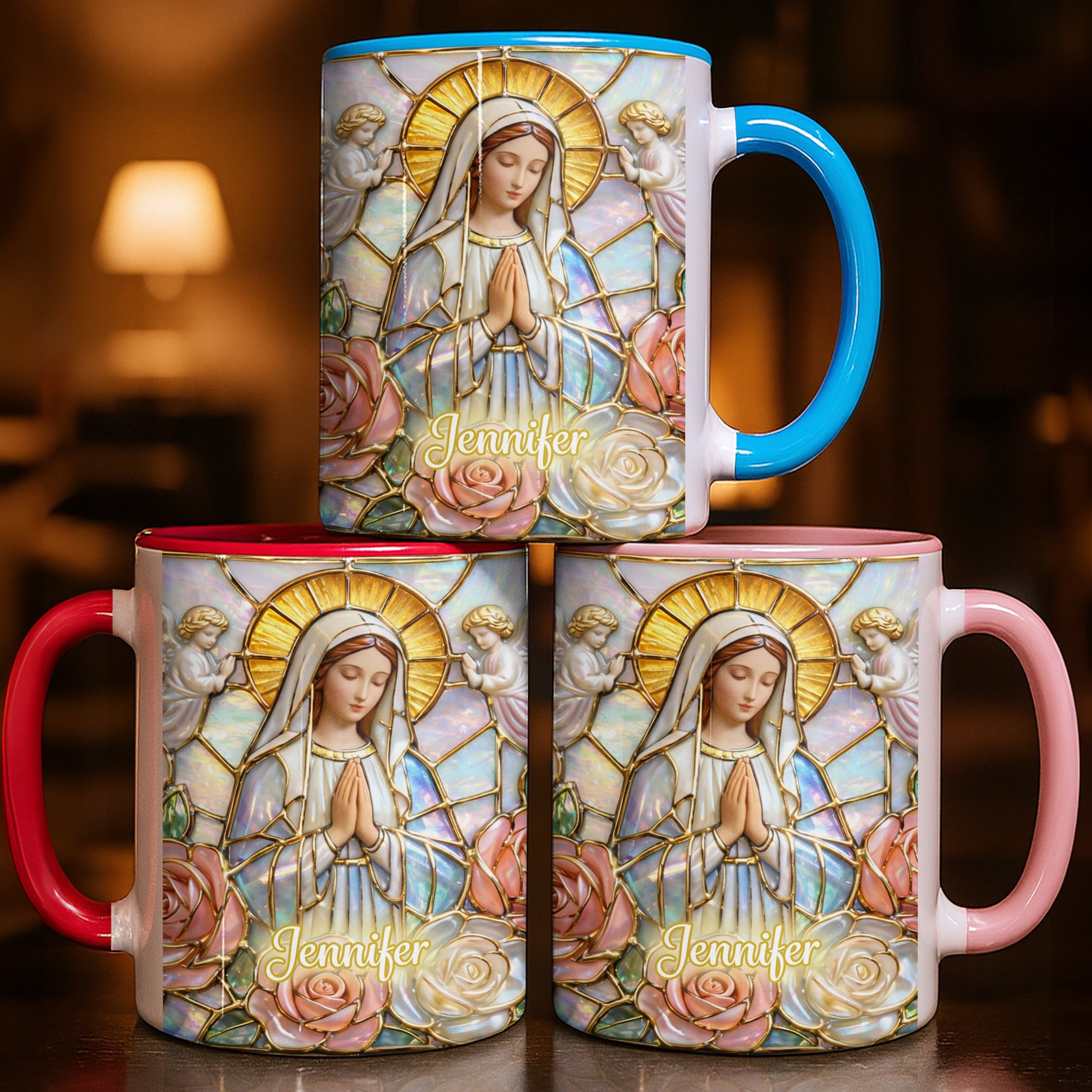 Personalized Religious Madonna Stained Glass and Roses Mug