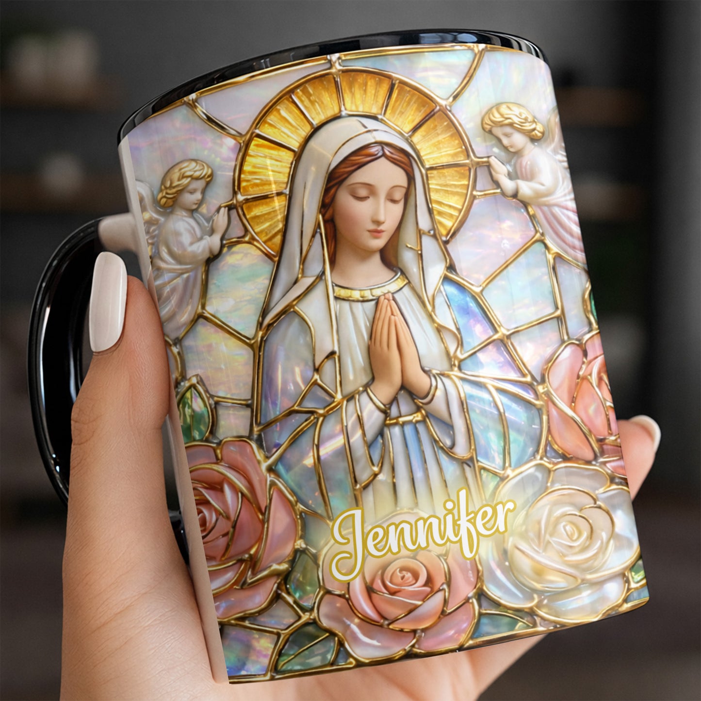 Personalized Religious Madonna Stained Glass and Roses Mug