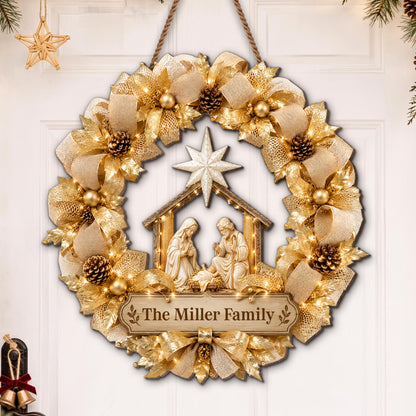 The Family Religious Nativity Scene Wreath With Gold Flowers - Personalized Custom Shaped Wood Sign - FTH178_WSIGN