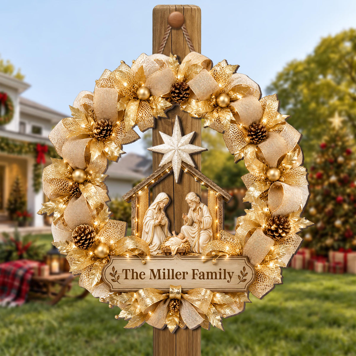 The Family Religious Nativity Scene Wreath With Gold Flowers - Personalized Custom Shaped Wood Sign - FTH178_WSIGN