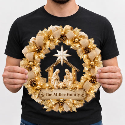 The Family Religious Nativity Scene Wreath With Gold Flowers - Personalized Custom Shaped Wood Sign - FTH178_WSIGN
