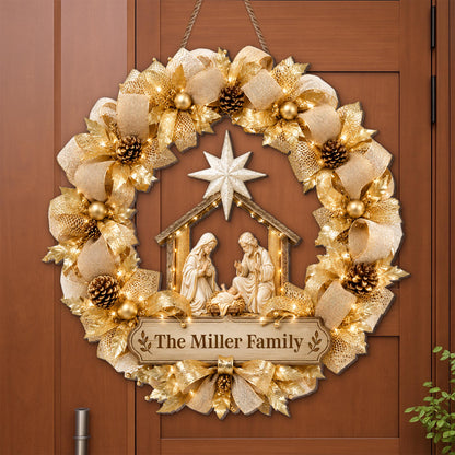 The Family Religious Nativity Scene Wreath With Gold Flowers - Personalized Custom Shaped Wood Sign - FTH178_WSIGN