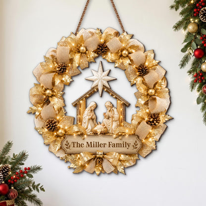 The Family Religious Nativity Scene Wreath With Gold Flowers - Personalized Custom Shaped Wood Sign - FTH178_WSIGN