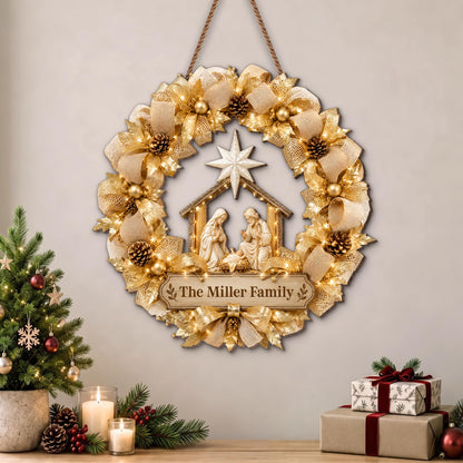 The Family Religious Nativity Scene Wreath With Gold Flowers - Personalized Custom Shaped Wood Sign - FTH178_WSIGN