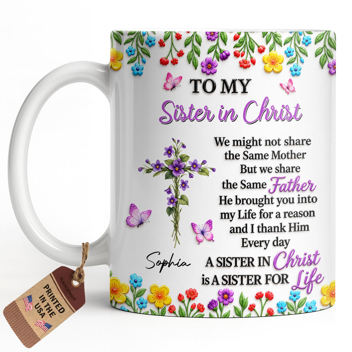 To My Sister In Christ, Floral Cross And Birth Month Flowers - Personalized Custom Coffee Mug - FTH188_MG
