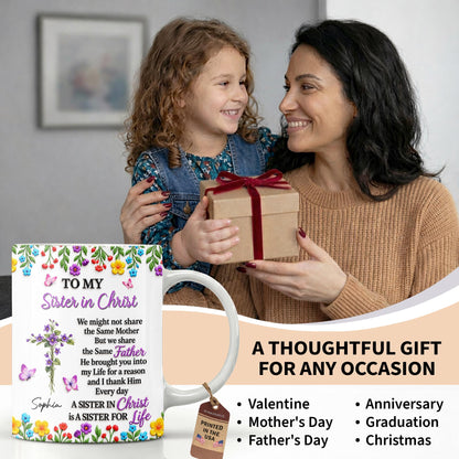 To My Sister In Christ, Floral Cross And Birth Month Flowers - Personalized Custom Coffee Mug - FTH188_MG