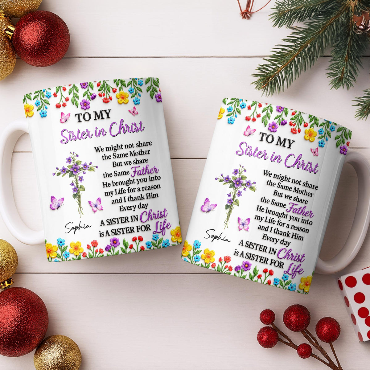 To My Sister In Christ, Floral Cross And Birth Month Flowers - Personalized Custom Coffee Mug - FTH188_MG