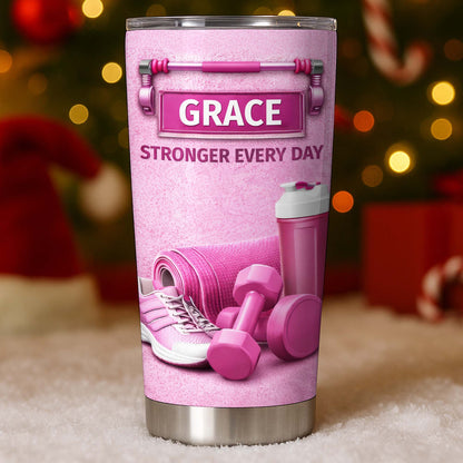 Stronger Every Day, Dumbbells, Water Bottle, Gym Shoes