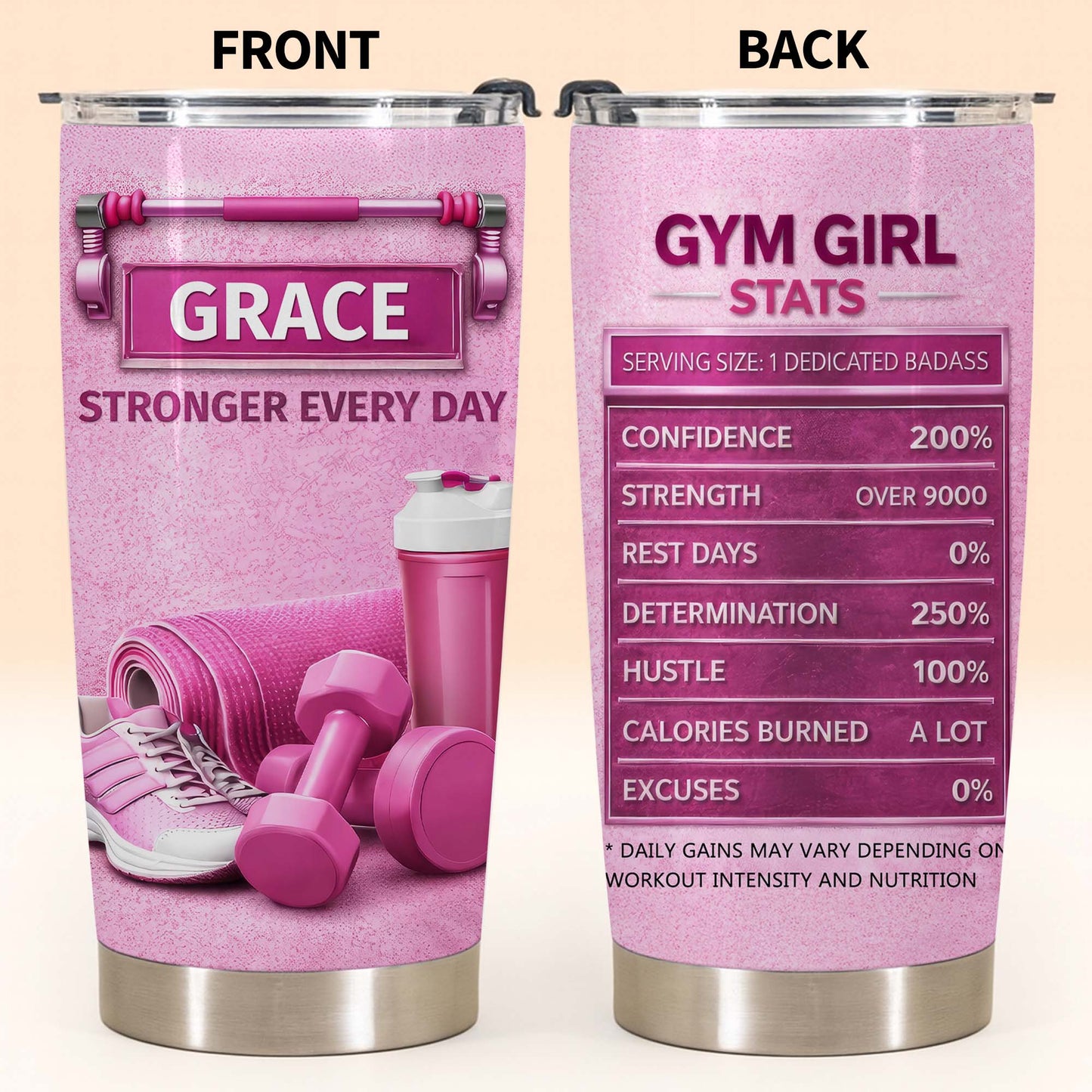 Stronger Every Day, Dumbbells, Water Bottle, Gym Shoes