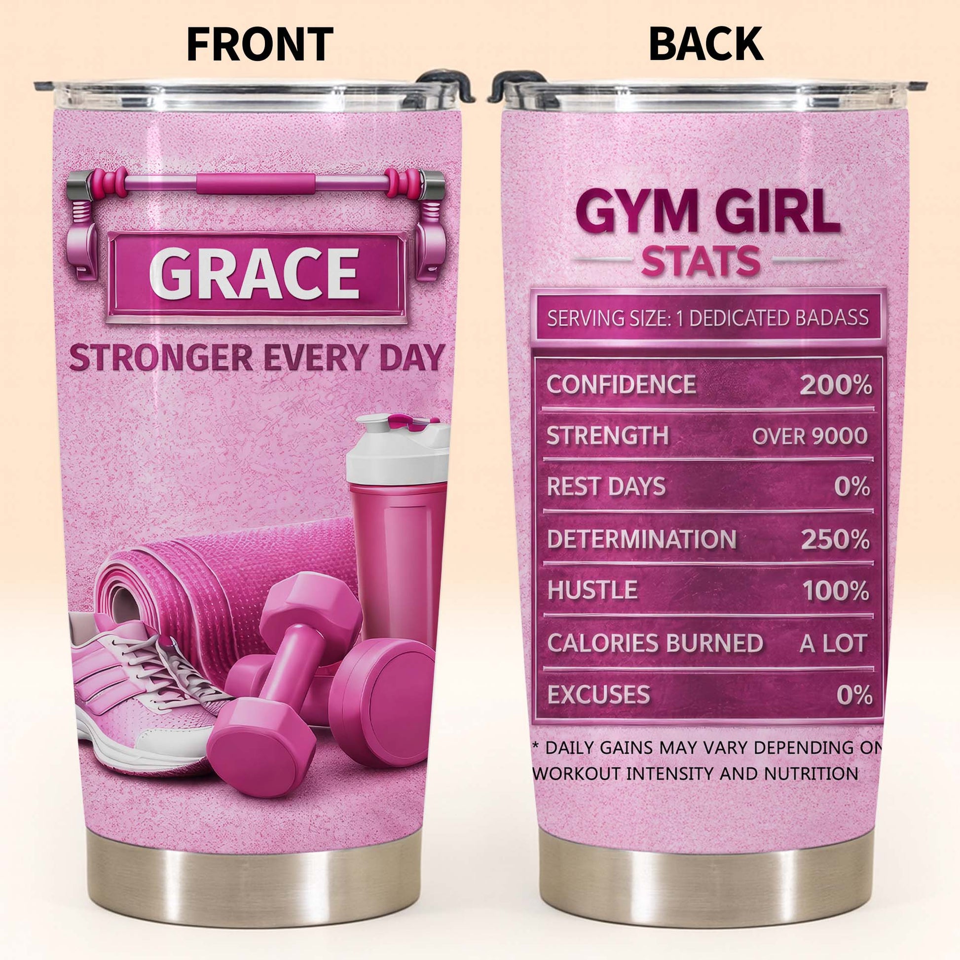 Stronger Every Day, Dumbbells, Water Bottle, Gym Shoes