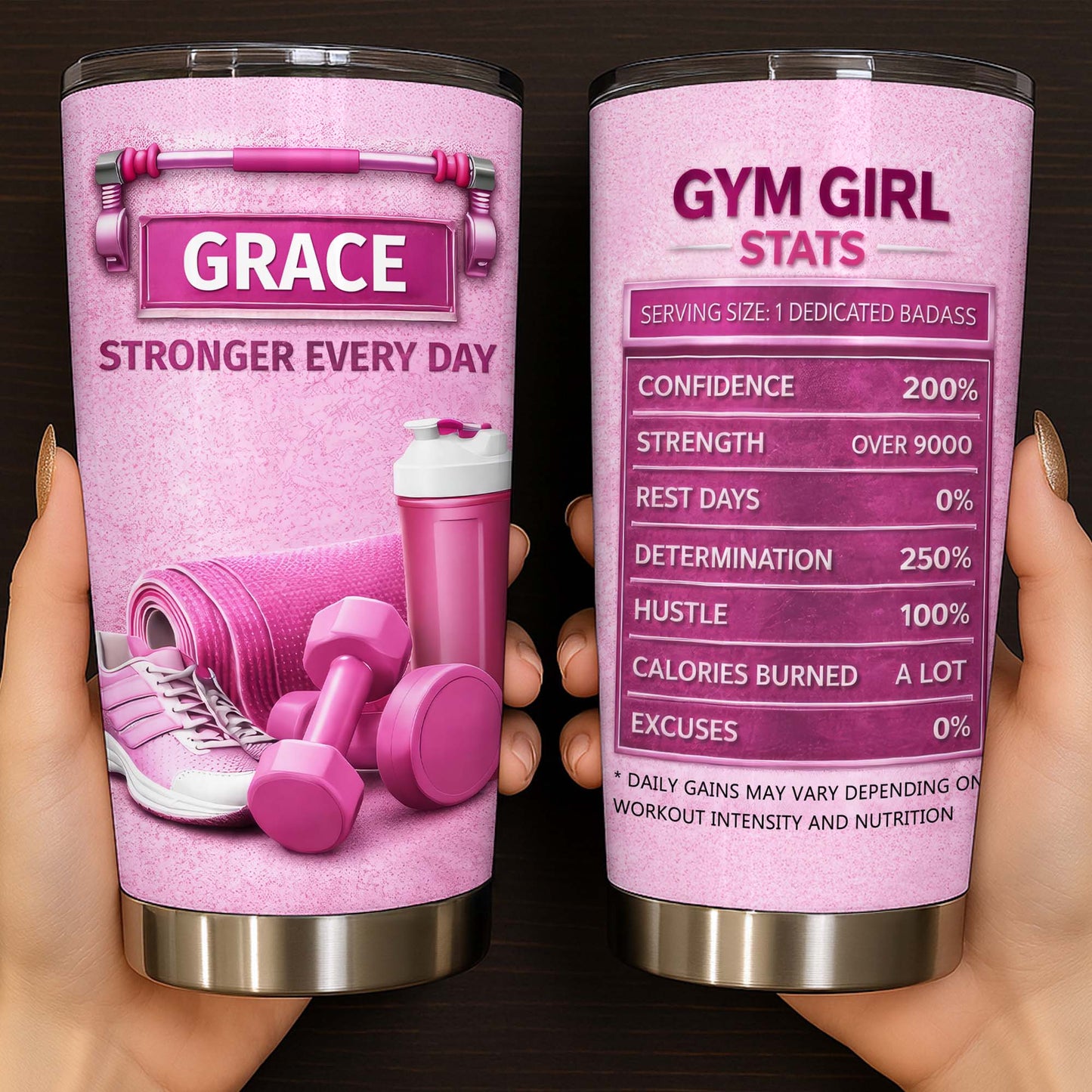 Stronger Every Day, Dumbbells, Water Bottle, Gym Shoes