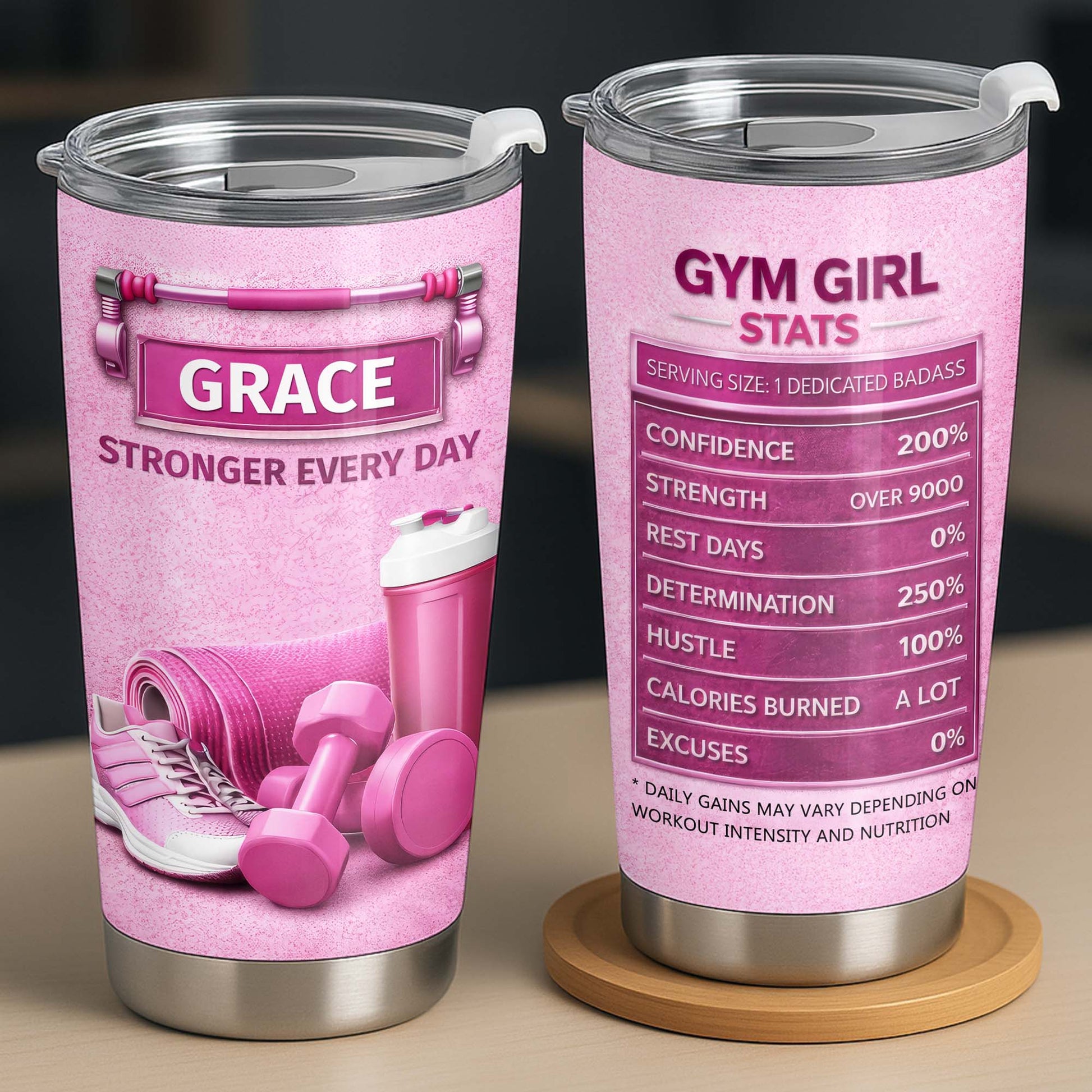 Stronger Every Day, Dumbbells, Water Bottle, Gym Shoes