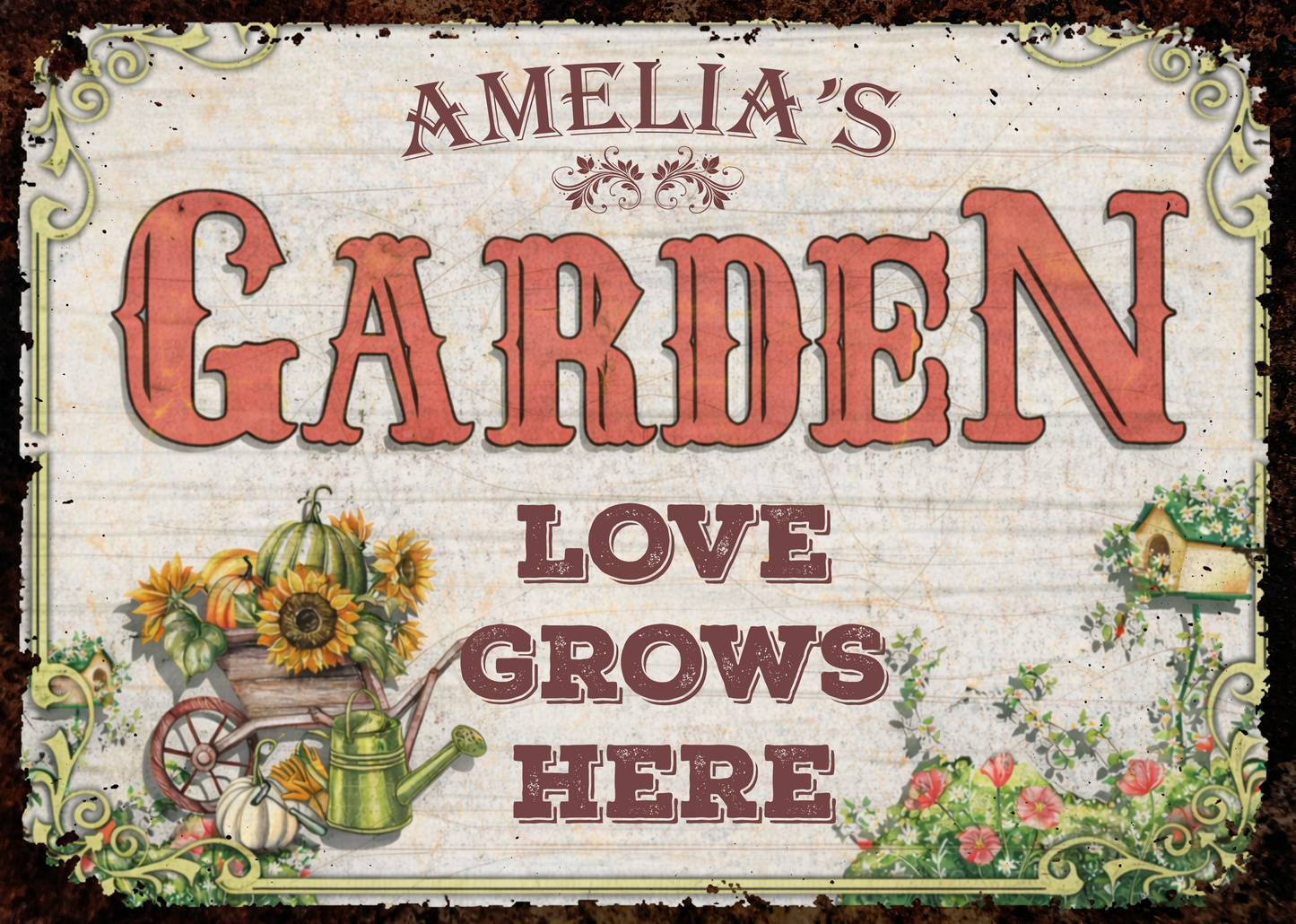 Love Grows Here With Sunflowers And Wheelbarrow - Personalized Metal Sign - GAR021_MSIGN