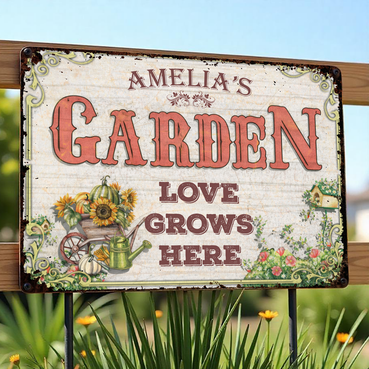 Love Grows Here With Sunflowers And Wheelbarrow - Personalized Metal Sign - GAR021_MSIGN