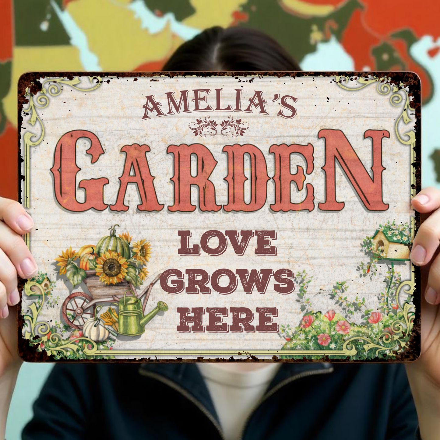 Love Grows Here With Sunflowers And Wheelbarrow - Personalized Metal Sign - GAR021_MSIGN