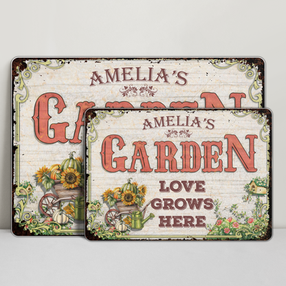 Love Grows Here With Sunflowers And Wheelbarrow - Personalized Metal Sign - GAR021_MSIGN