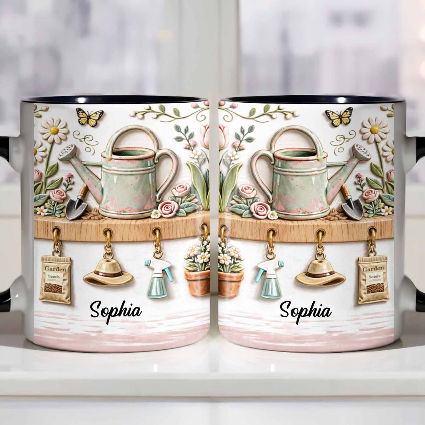 Personalized Mug With Watering Can And Flowers