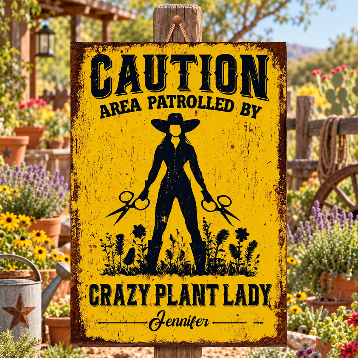 Caution Area Patrolled By Crazy Plant Lady Woman With Scissors And Flowers - Personalized Custom Shaped Wood Sign - GAR124_WSIGN