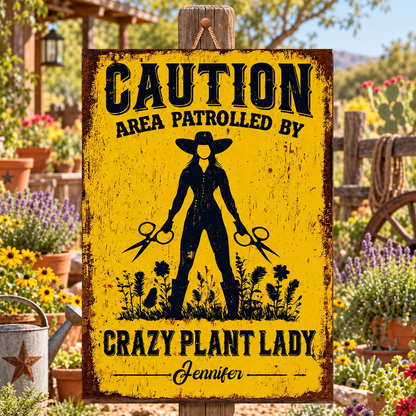 Caution Area Patrolled By Crazy Plant Lady Woman With Scissors And Flowers - Personalized Custom Shaped Wood Sign - GAR124_WSIGN