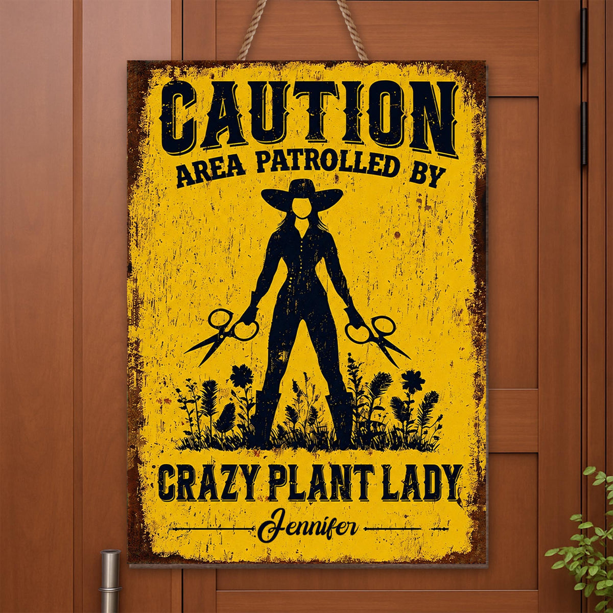 Caution Area Patrolled By Crazy Plant Lady Woman With Scissors And Flowers - Personalized Custom Shaped Wood Sign - GAR124_WSIGN