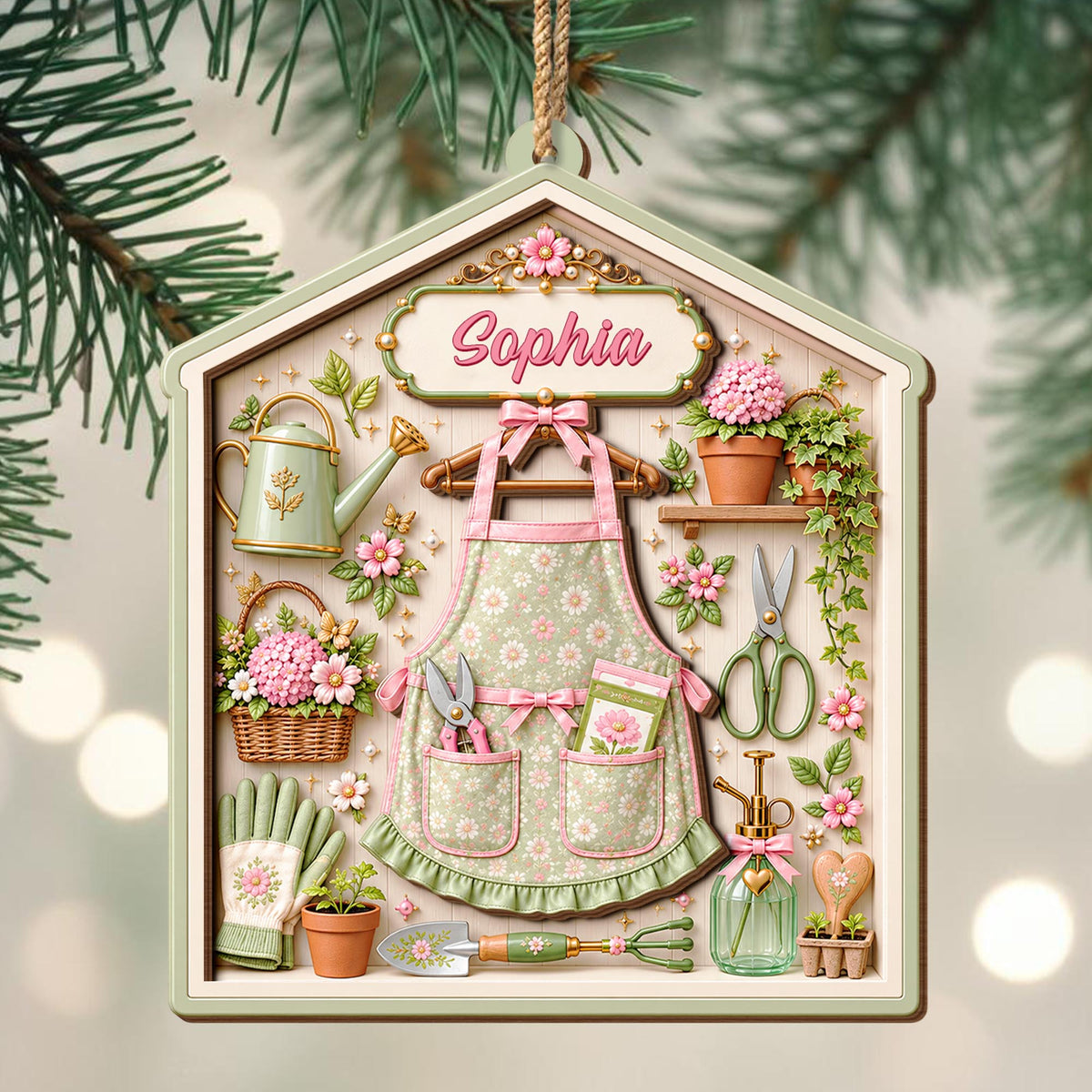 Garden Tools And Floral Apron Personalized Garden Lovers Decor - Personalized Double Layer Wood Ornament - GAR131_DWO