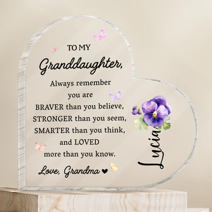 Braver Stronger Smarter Loved Inspiring Quote With Pansy Flower - Personalized Heart Shaped Acrylic Plaque - GDT002_HAP