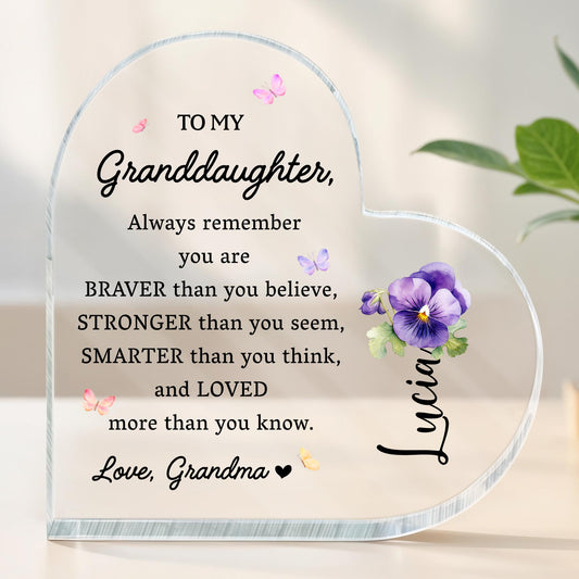 Braver Stronger Smarter Loved Inspiring Quote With Pansy Flower - Personalized Heart Shaped Acrylic Plaque - GDT002_HAP