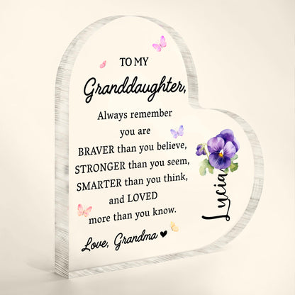Braver Stronger Smarter Loved Inspiring Quote With Pansy Flower - Personalized Heart Shaped Acrylic Plaque - GDT002_HAP