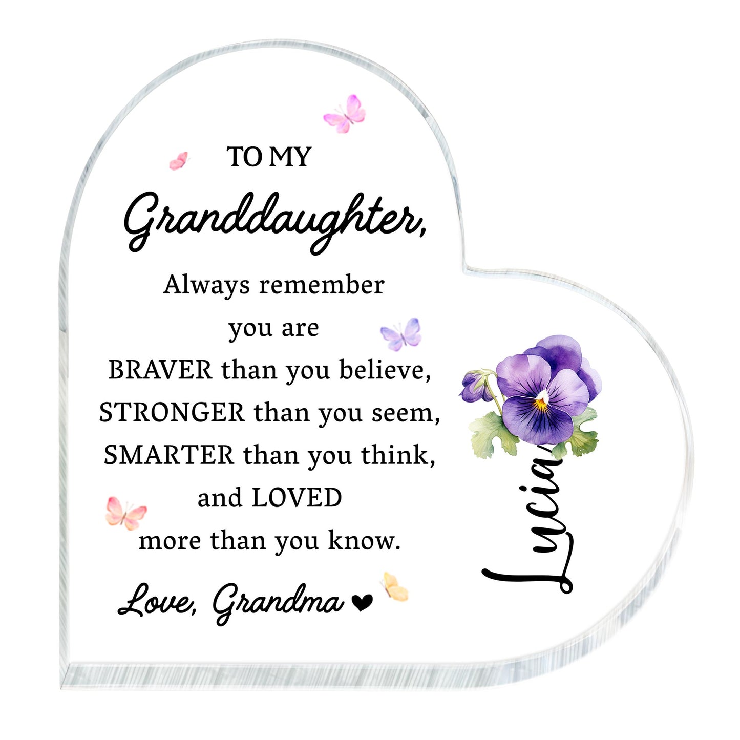 Braver Stronger Smarter Loved Inspiring Quote With Pansy Flower - Personalized Heart Shaped Acrylic Plaque - GDT002_HAP