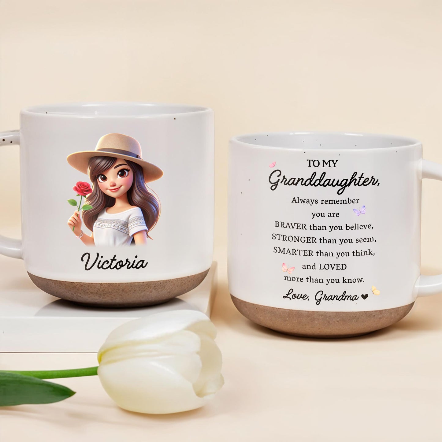 Loving Message To Granddaughter With Floral Design - Personalized Pottery Mug, White Color - GDT034_PMGW