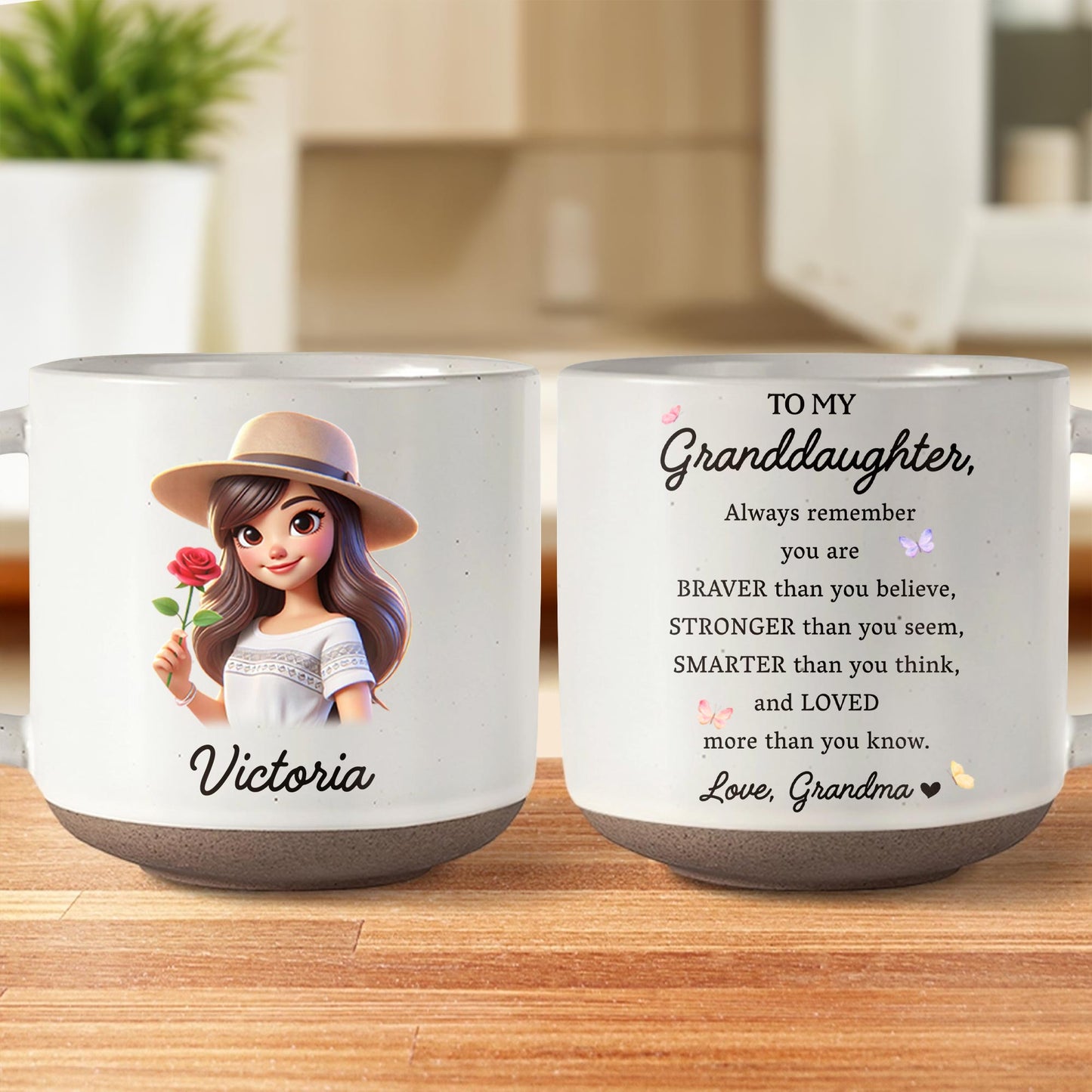 Loving Message To Granddaughter With Floral Design - Personalized Pottery Mug, White Color - GDT034_PMGW