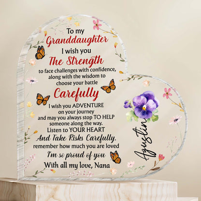 Granddaughter Strength And Adventure Heartfelt Message With Butterflies And Flowers - Personalized Heart Shaped Acrylic Plaque - GDT060_HAP