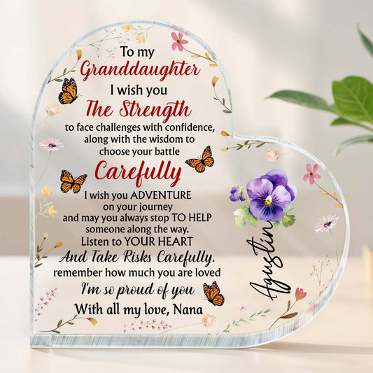 Granddaughter Strength And Adventure Heartfelt Message With Butterflies And Flowers - Personalized Heart Shaped Acrylic Plaque - GDT060_HAP