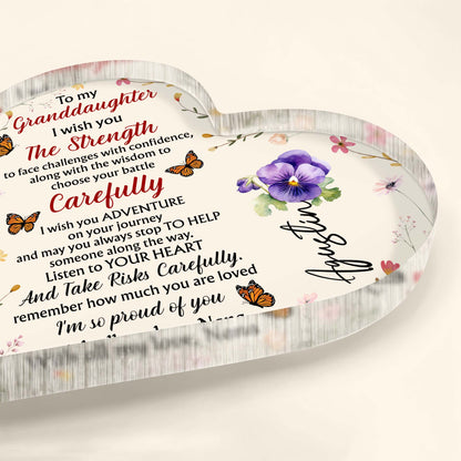 Granddaughter Strength And Adventure Heartfelt Message With Butterflies And Flowers - Personalized Heart Shaped Acrylic Plaque - GDT060_HAP