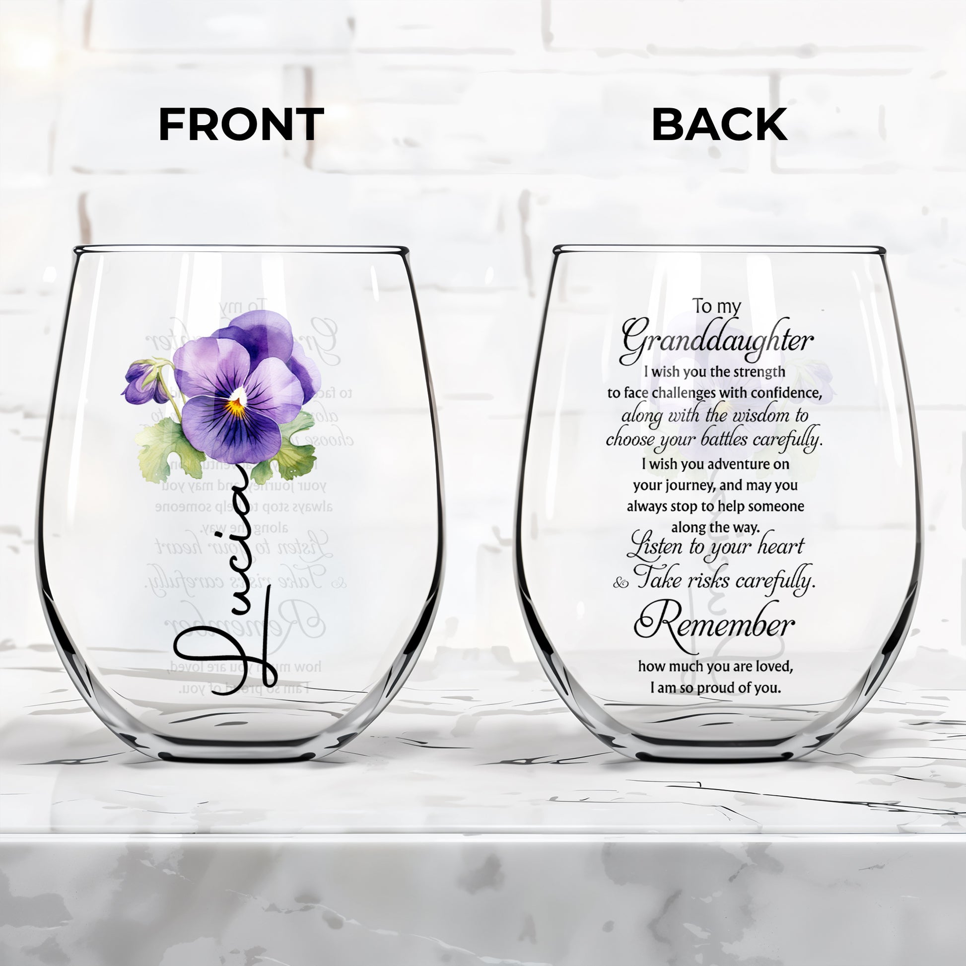 Strength and Wisdom Violets Theme Granddaughter Wine Glass