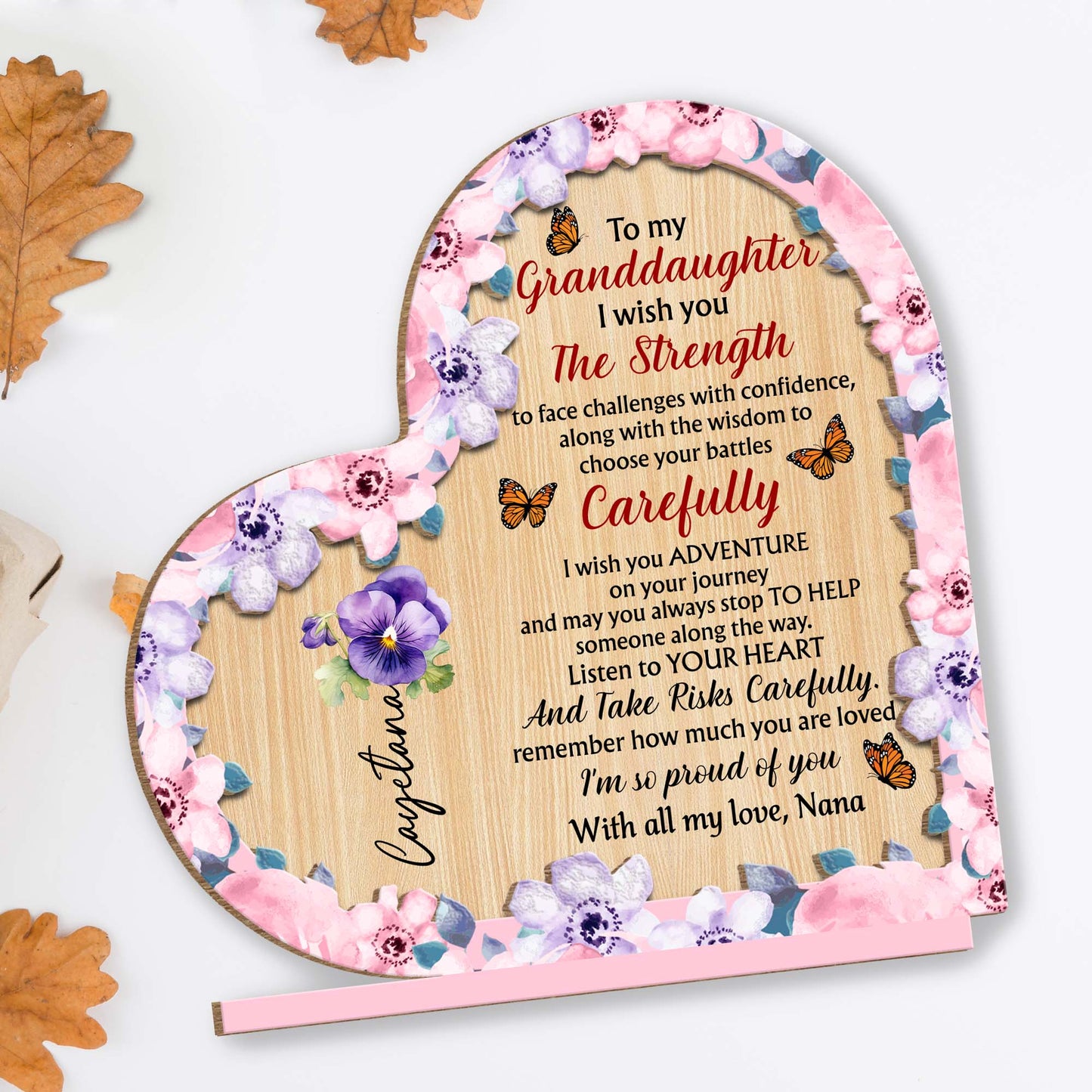 Granddaughter Strength And Adventure Wooden Plaque With Flowers - Personalized Custom 2-Layer Wood Plaque With Flat Base - GDT060_WPLA