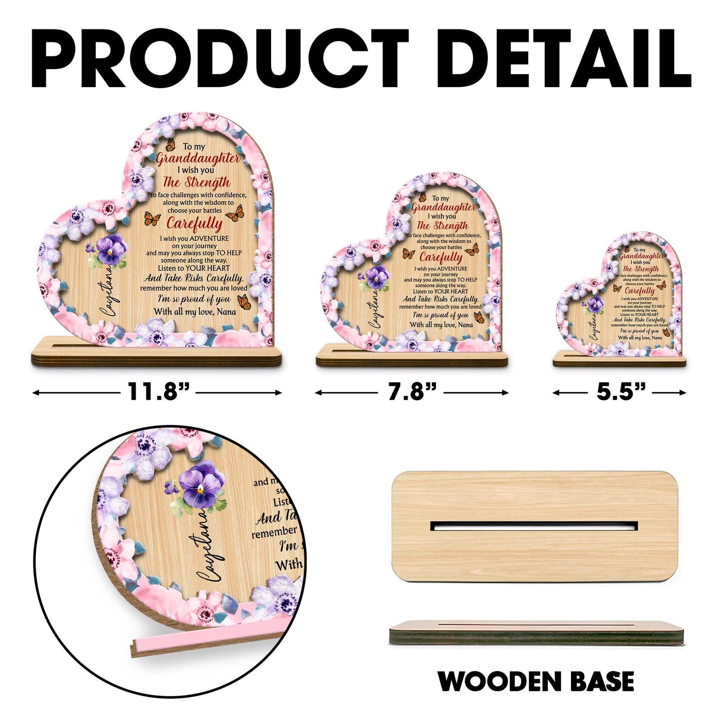 Granddaughter Strength And Adventure Wooden Plaque With Flowers - Personalized Custom 2-Layer Wood Plaque With Flat Base - GDT060_WPLA