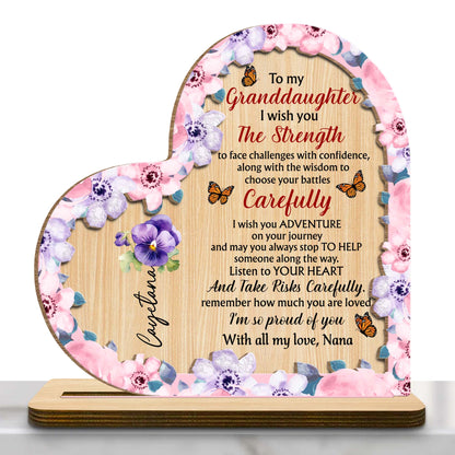 Granddaughter Strength And Adventure Wooden Plaque With Flowers - Personalized Custom 2-Layer Wood Plaque With Flat Base - GDT060_WPLA
