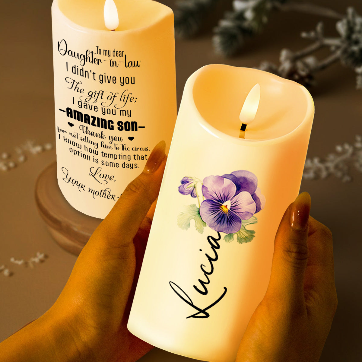Gift For Daughter-In-Law Featuring Candles and Pansy - Personalized Custom LED Candle - GDT078_LECA
