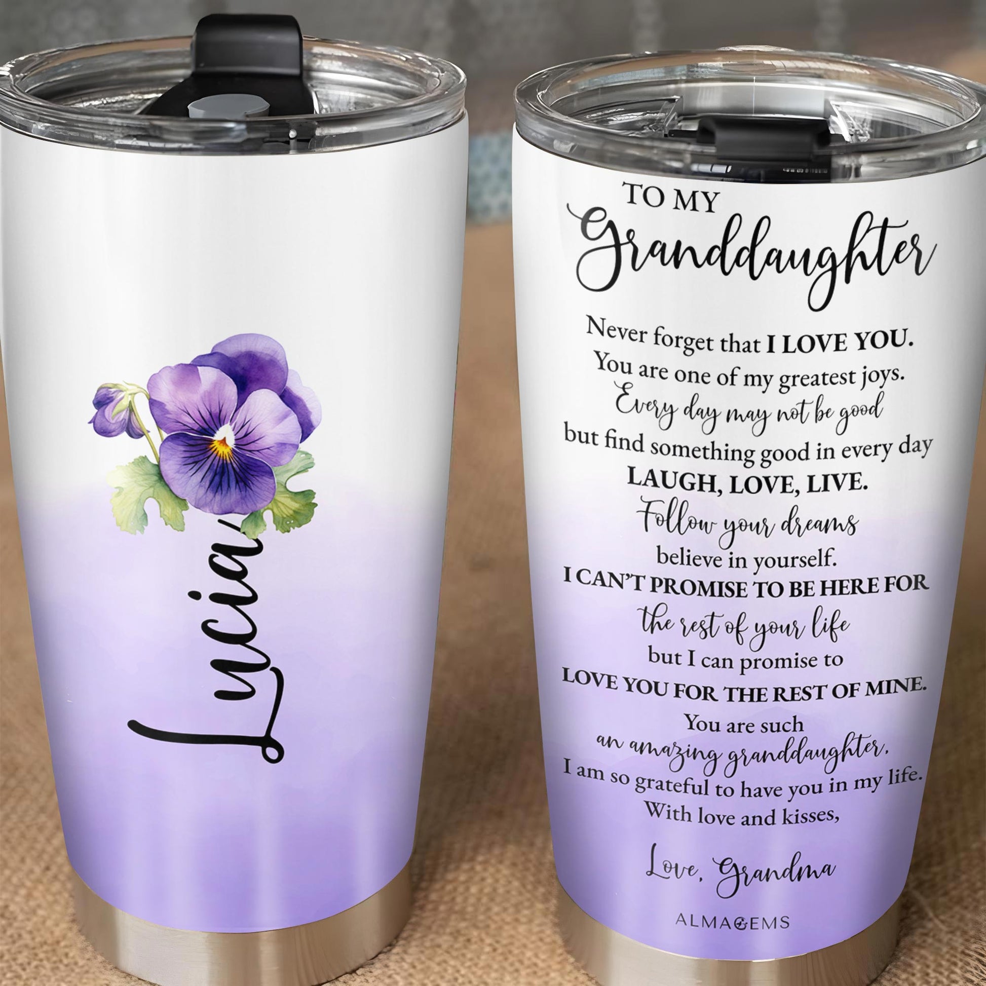 Granddaughter Love Promise Tumbler With Heartfelt Message and Flowers
