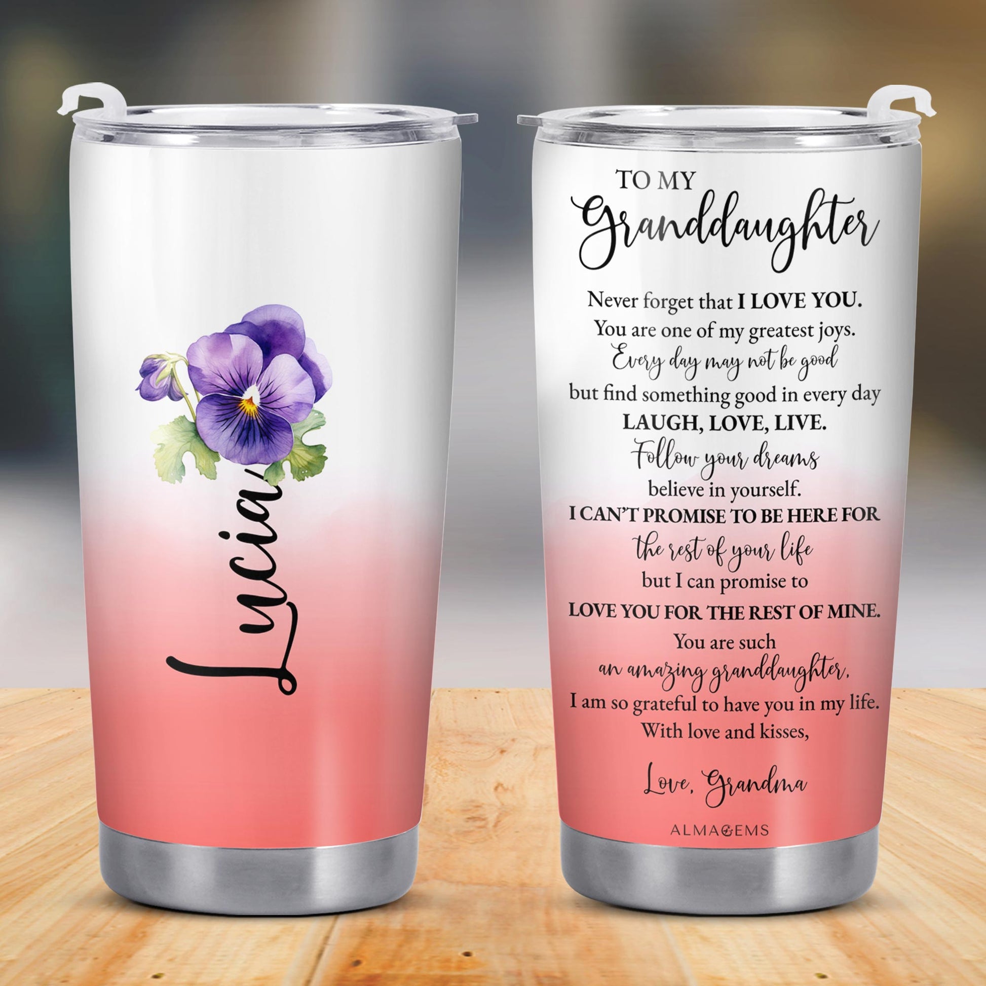 Granddaughter Love Promise Tumbler With Heartfelt Message and Flowers